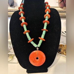 Turquoise Coral Heishi Sterling Silver Disc Toggle Pendant Necklace’s